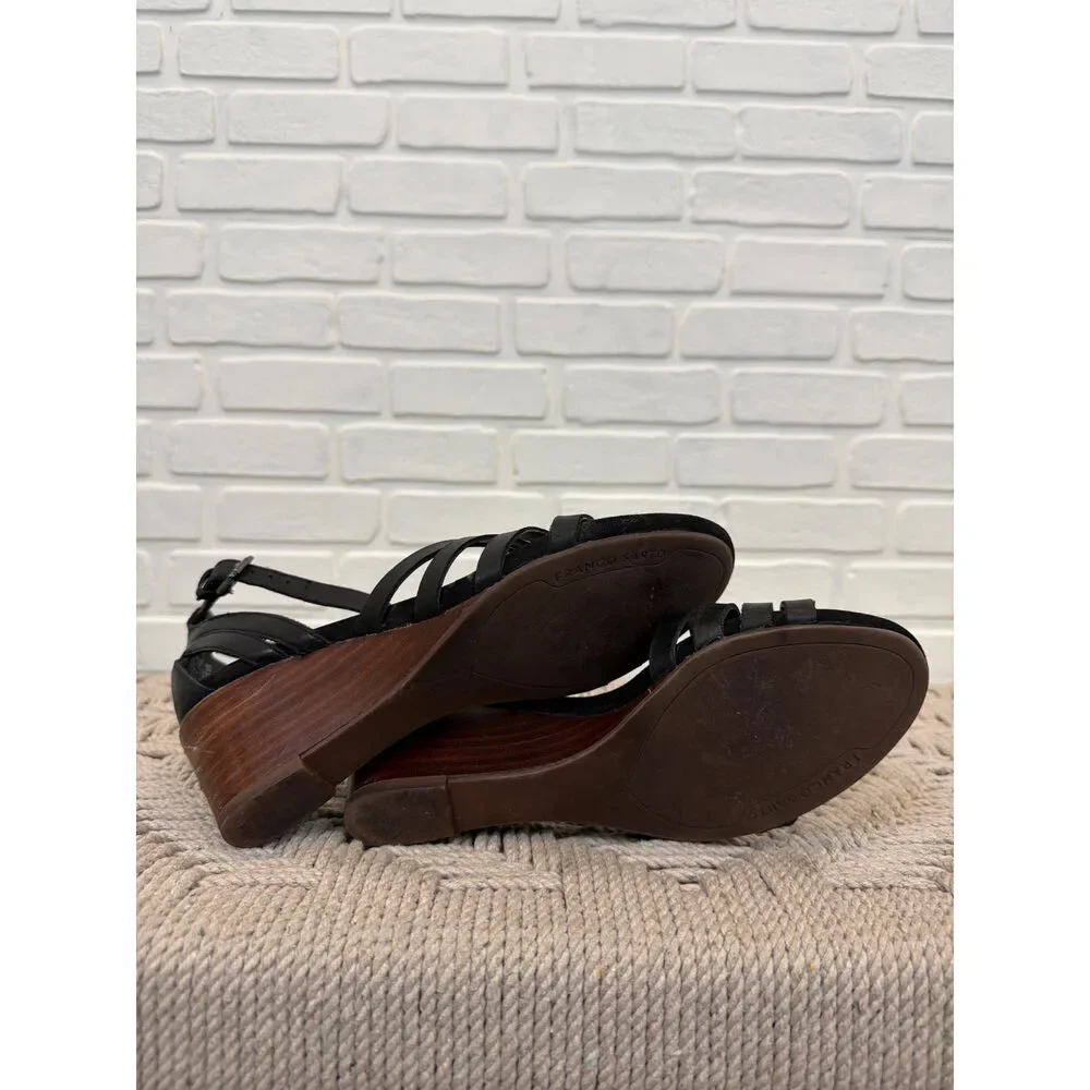 Franco Sarto Della Wedge Sandals Black Leather Strappy Size 6
